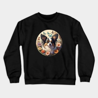 Papillon Surrounded By Spring Flowers Crewneck Sweatshirt